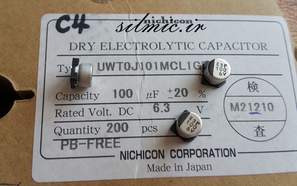 خازن 100 میکرو فاراد 6.3 ولت SMD ساخت nichicon ژاپن سری UWT استاندارد