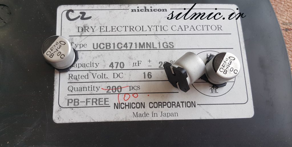 خازن 100 میکرو فاراد 16 ولت smd ساخت nichicon ژاپن سری ucb با طول عمر بالا