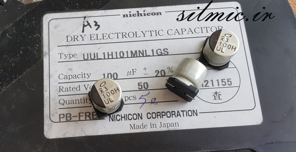 خازن 100 میکرو فاراد 50 ولت SMD ساخت Nichicon ژاپن سری UUL با طول عمر بالا