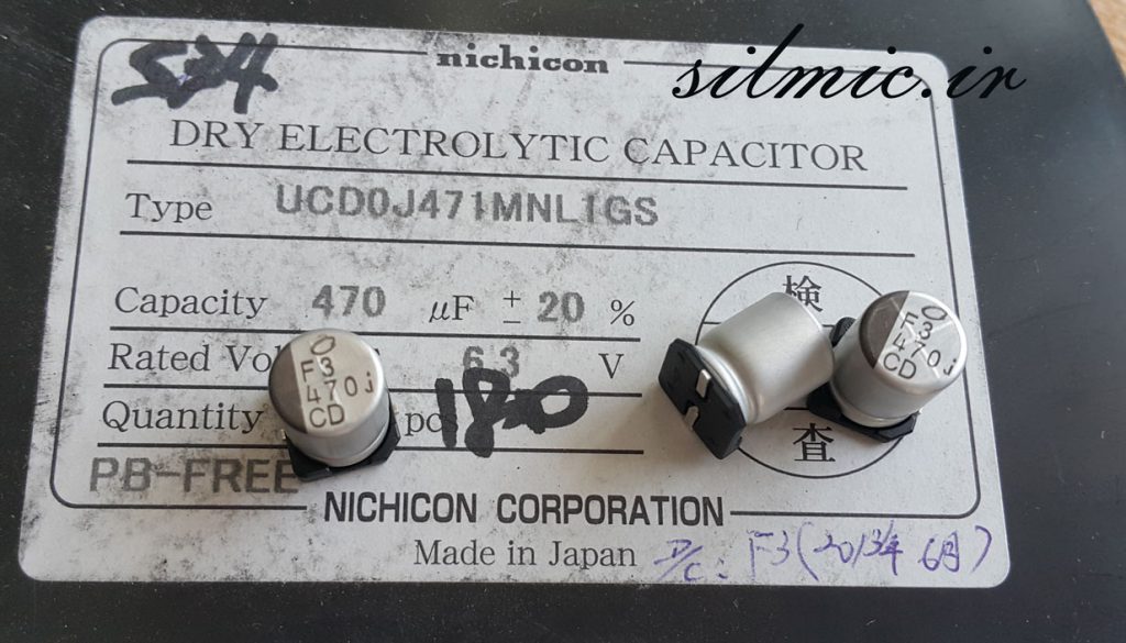 خازن 470 میکرو فاراد 6.3 ولت SMD ساخت nichicon ژاپن سری UCD امپدانس پایین